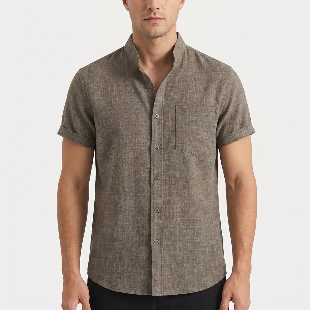 Mateo | Camisa Manga Corta Hombre Con Cuello Mao Y Bolsillo Frontal | Casual