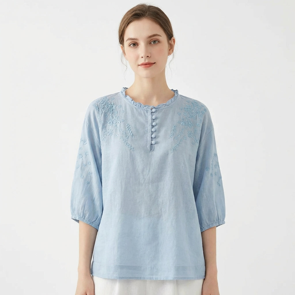 Abril | Mujer Blusa Bordada Manga Abullonada