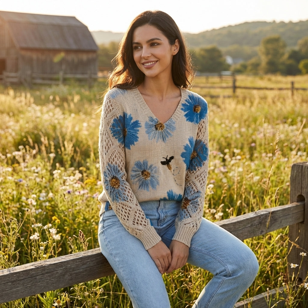 Alicia | Jersey Cuello V Floral Manga Calada Mujer