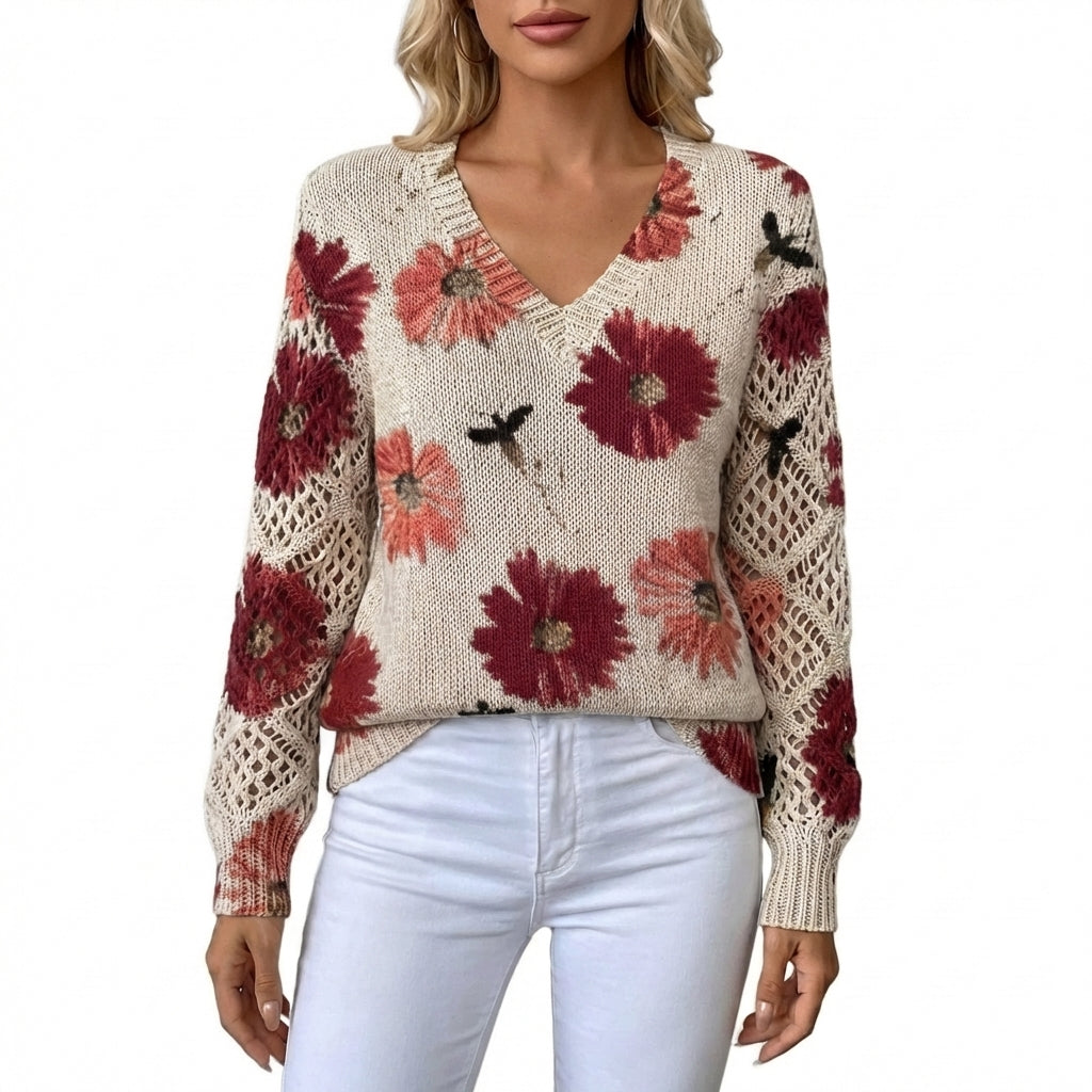Alicia | Jersey Cuello V Floral Manga Calada Mujer
