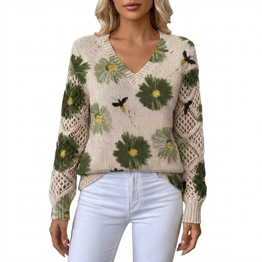 Alicia | Jersey Cuello V Floral Manga Calada Mujer