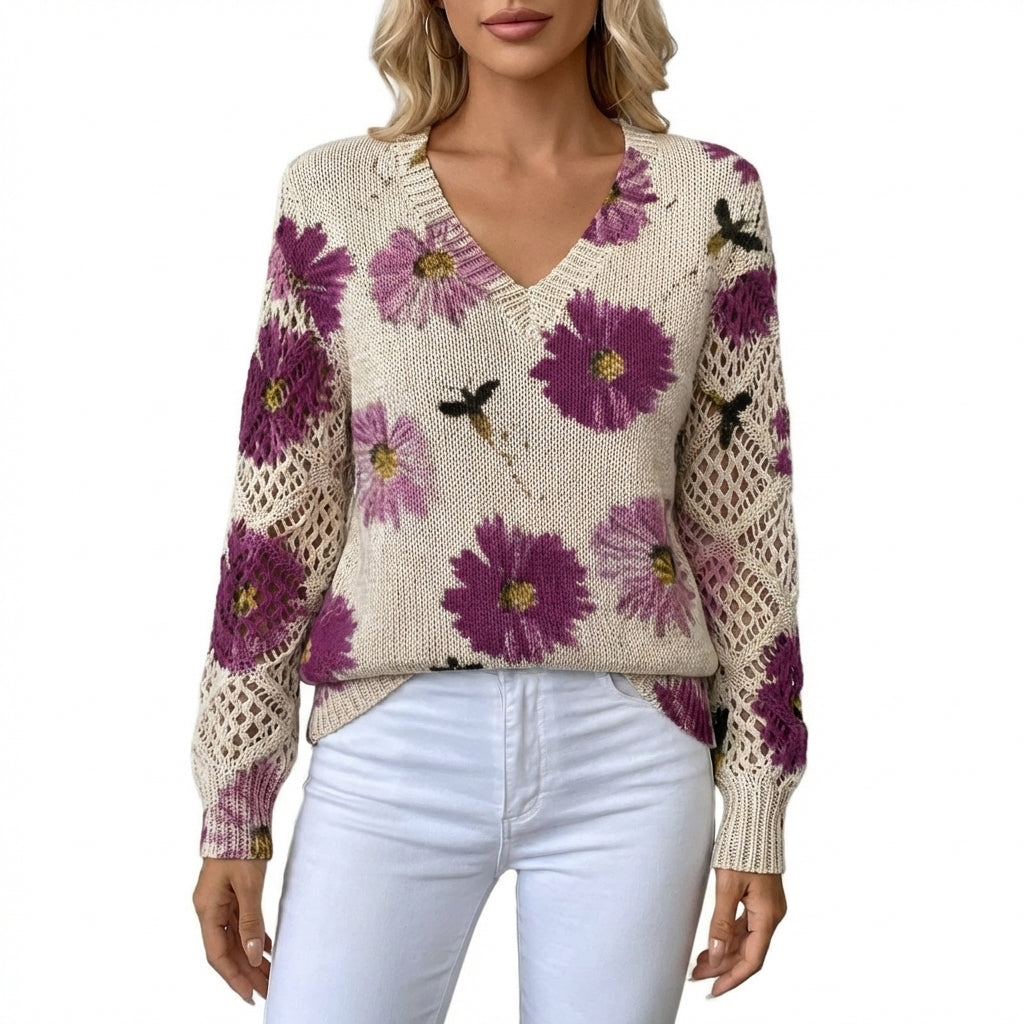 Alicia | Jersey Cuello V Floral Manga Calada Mujer