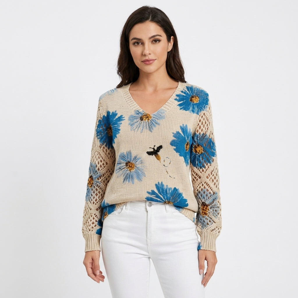 Alicia | Jersey Cuello V Floral Manga Calada Mujer
