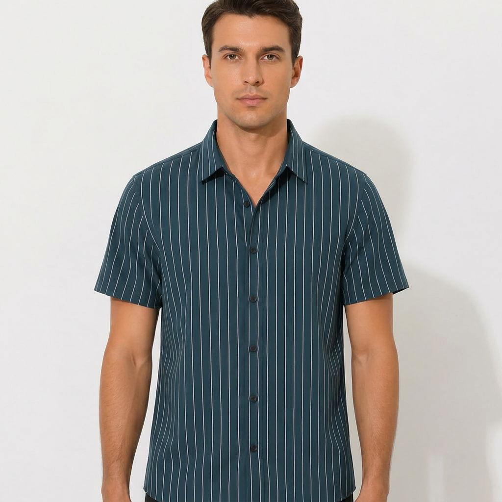 Carlos | Camisa Manga Corta Hombre Con Cuello Cubano Y Rayas Verticales | Casual