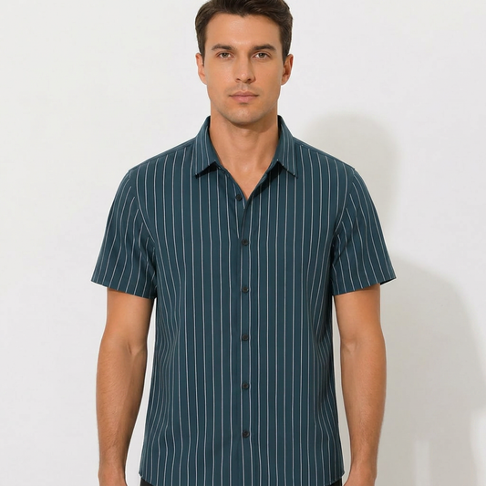 Carlos | Camisa Manga Corta Hombre Con Cuello Cubano Y Rayas Verticales | Casual