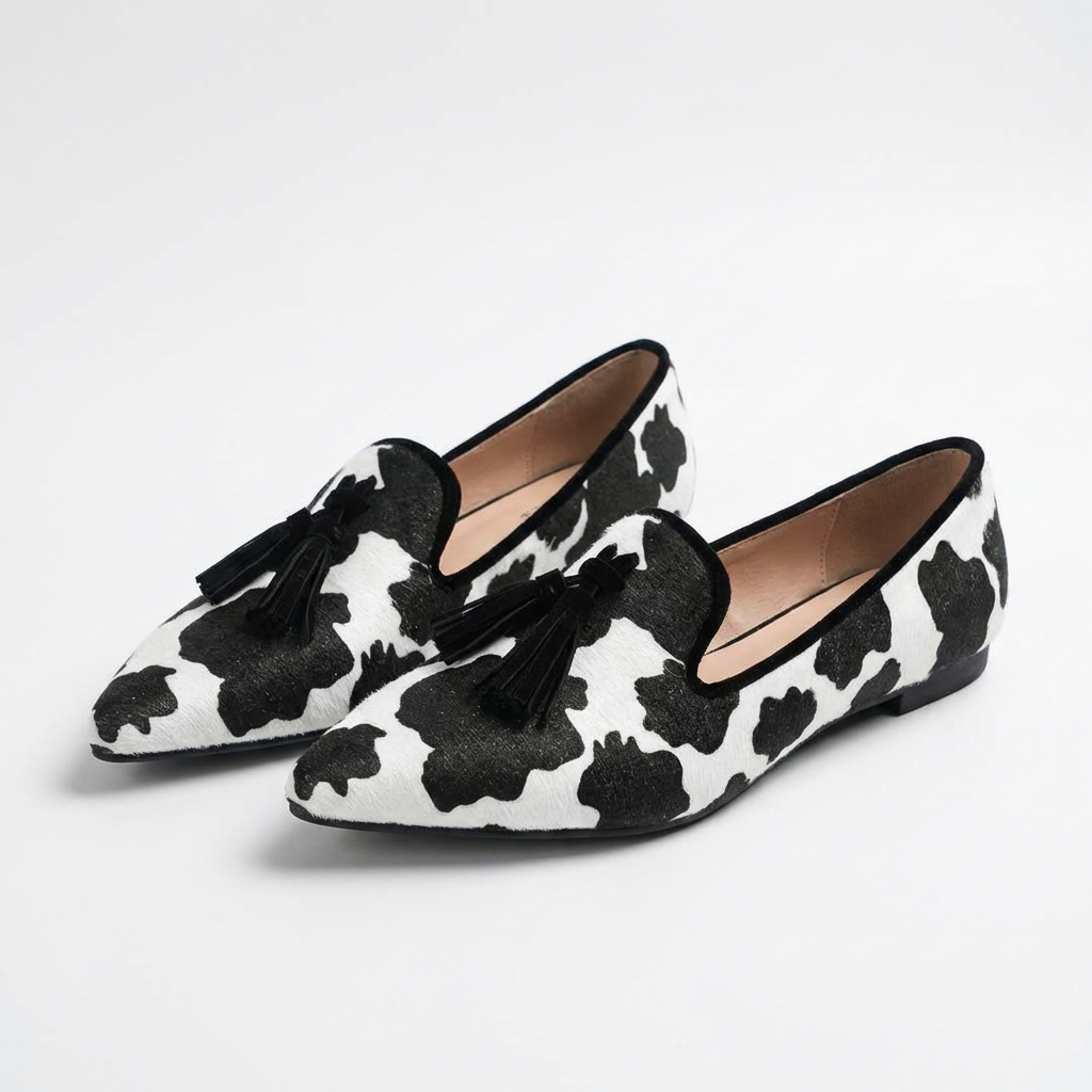 Covadonga | Mocasines Estampado Vaca con Borlas Punta Mujer
