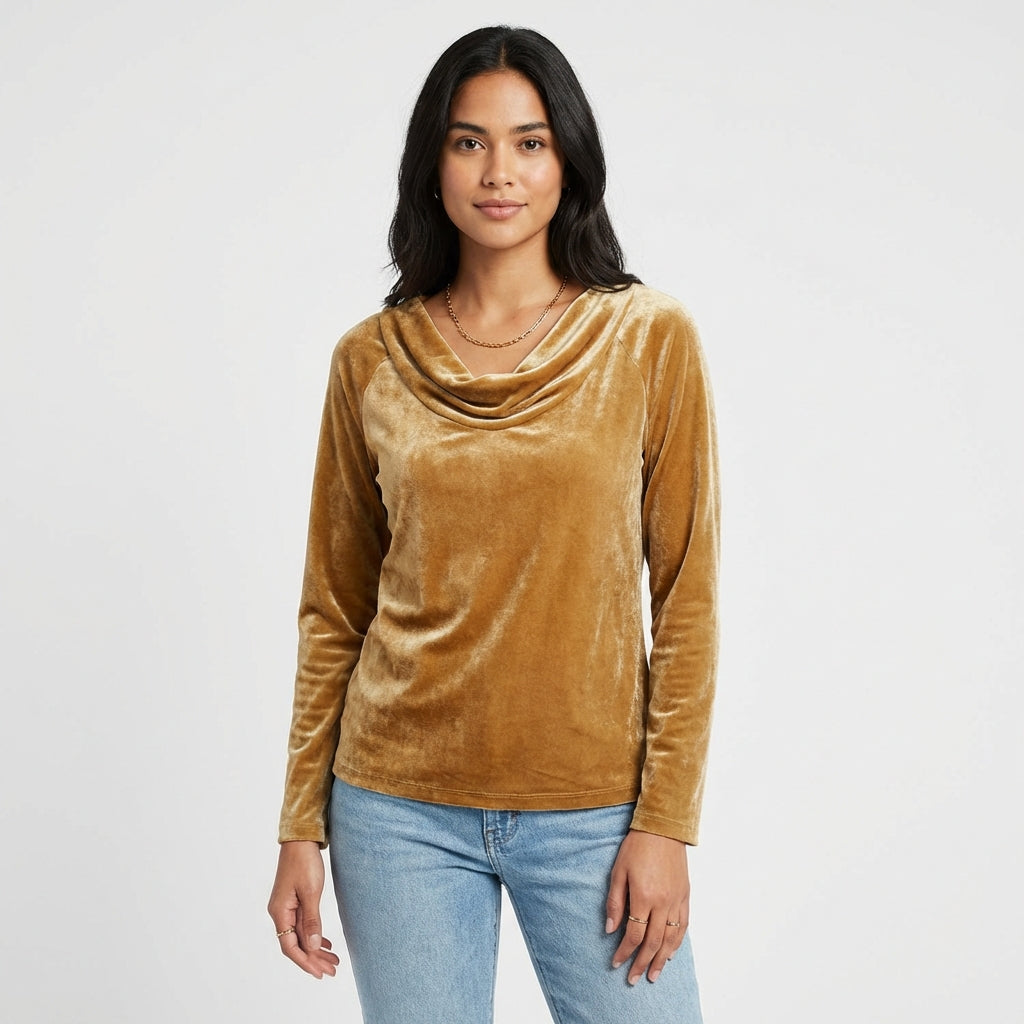 Dorada | Top Cuello Drapeado Manga Larga Mujer