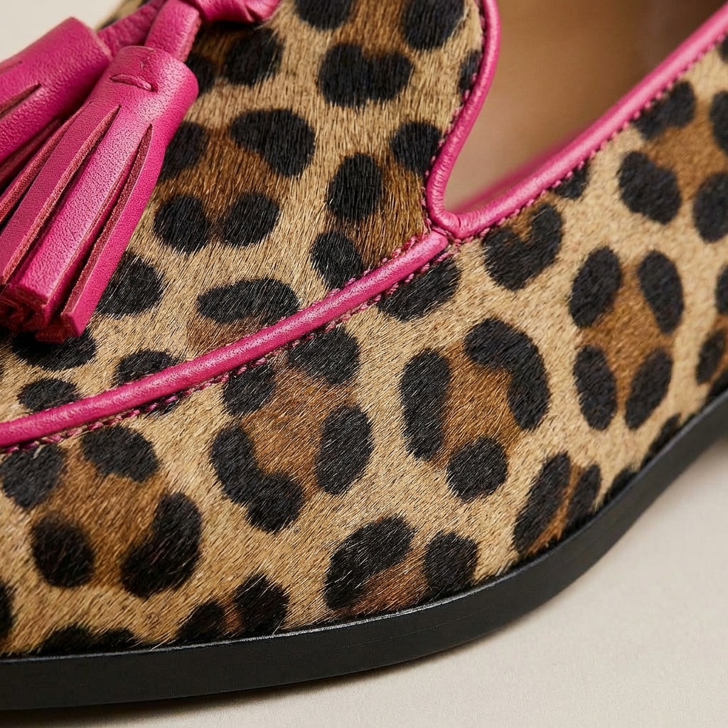 Estrella | Mocasines Marrón Leopardo con Borlas Rosas Mujer