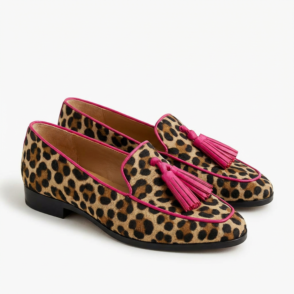 Estrella | Mocasines Marrón Leopardo con Borlas Rosas Mujer