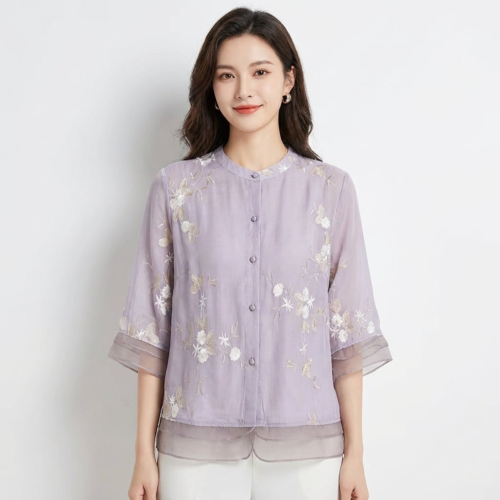 Inés | Blusa Bordada Cuello Mao Manga Tres Cuartos Mujer