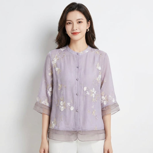 Inés | Blusa Bordada Cuello Mao Manga Tres Cuartos Mujer