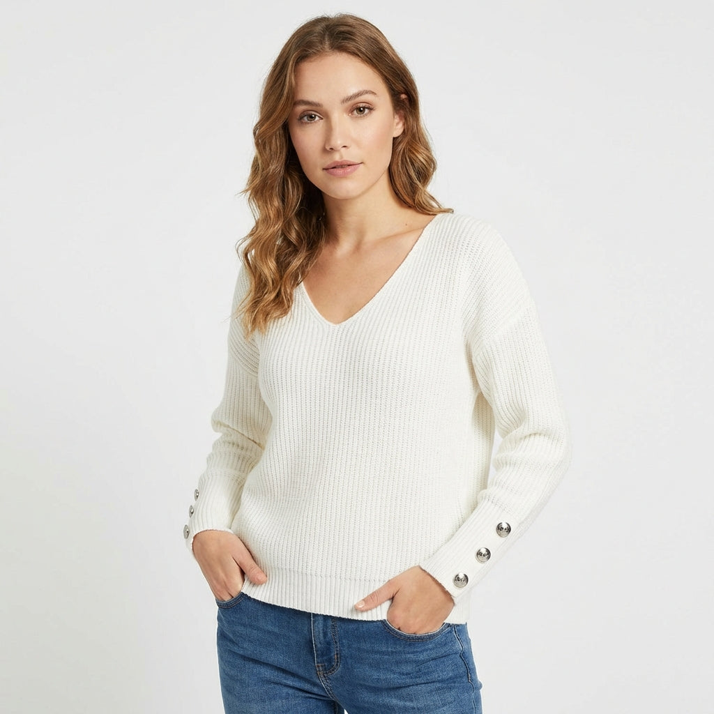 Lucía | Jersey Cuello V con Botones en Puño Mujer