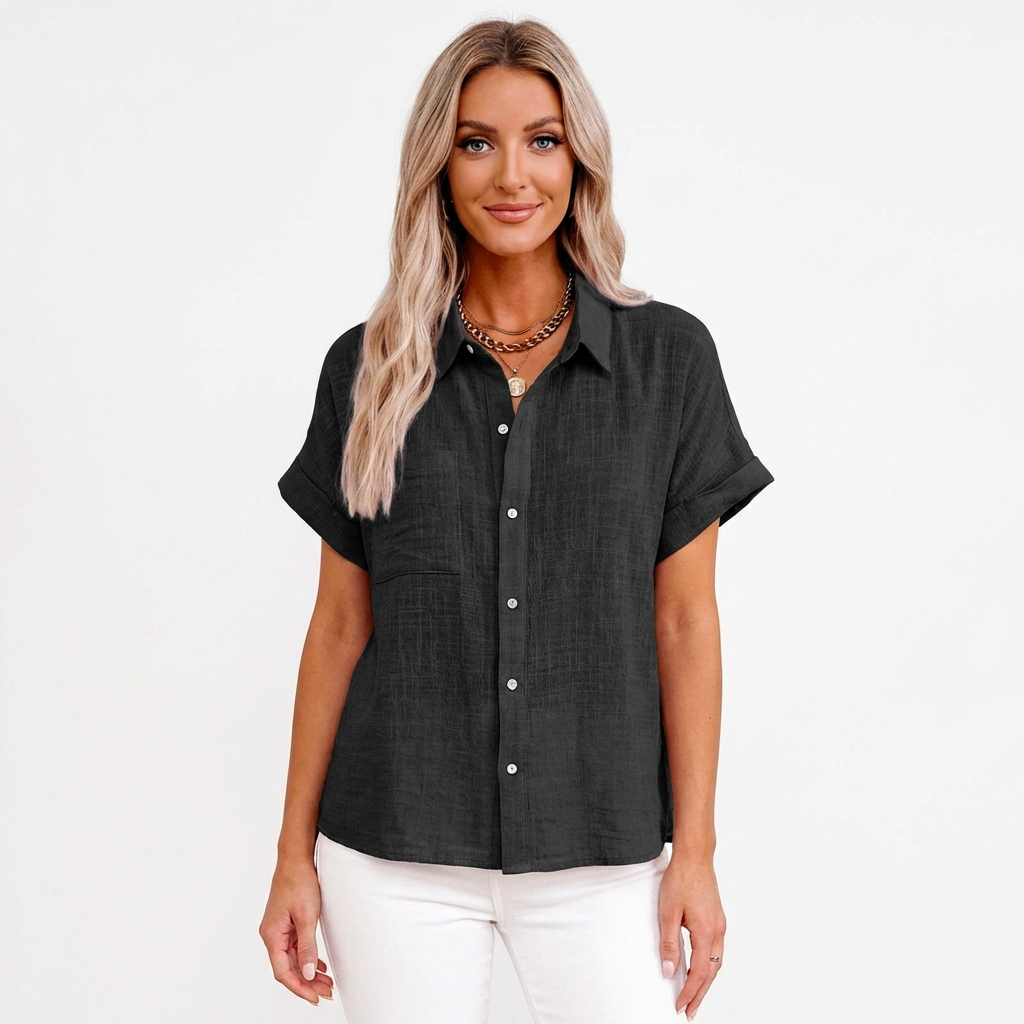 Luna | Camisa Mujer Con Manga Corta Enrollada Y Bolsillo | Casual