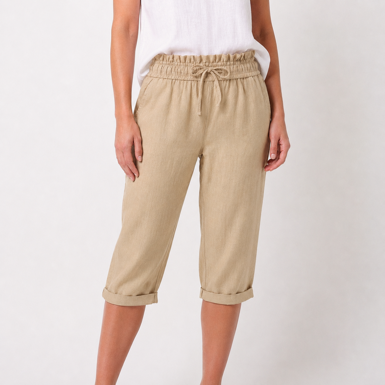 Luna | Pantalón Capri Mujer Con Cintura Con Cordón Y Bajo Doblado | Casual