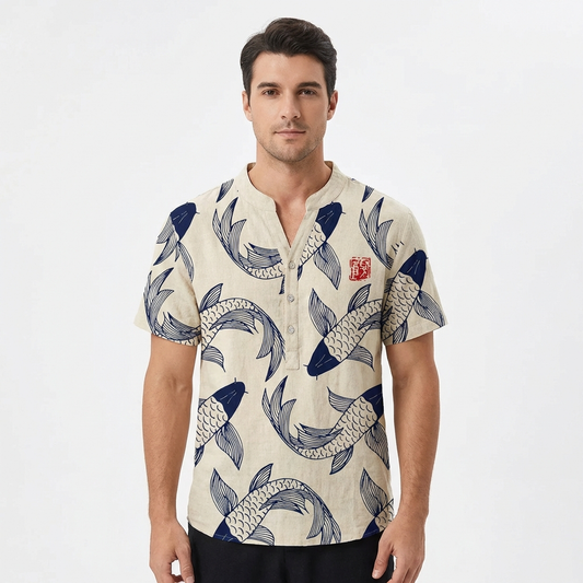 Mateo | Camisa Hombre Con Estampado Koi Y Cuello Mao | Casual
