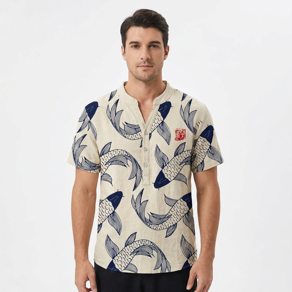 Mateo | Camisa Hombre Con Estampado Koi Y Cuello Mao | Casual
