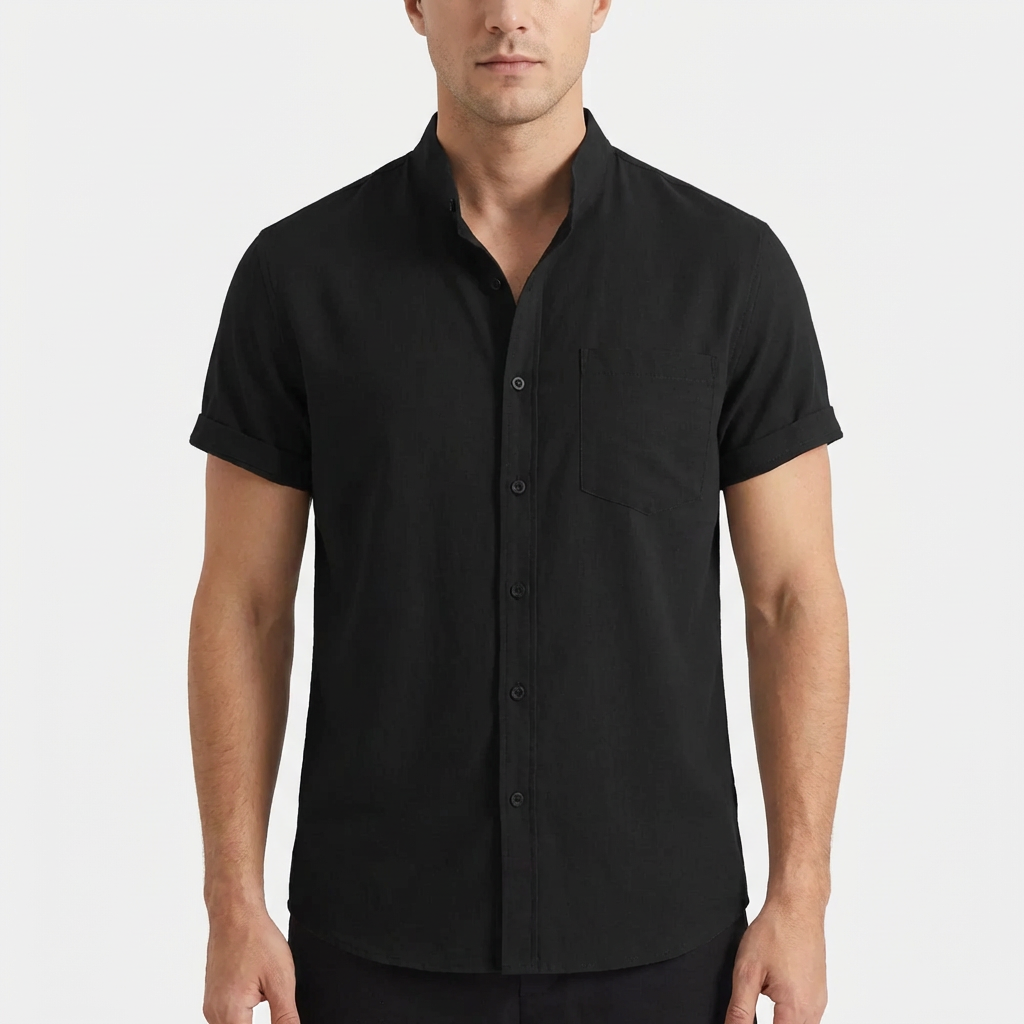 Mateo | Camisa Manga Corta Hombre Con Cuello Mao Y Bolsillo Frontal | Casual