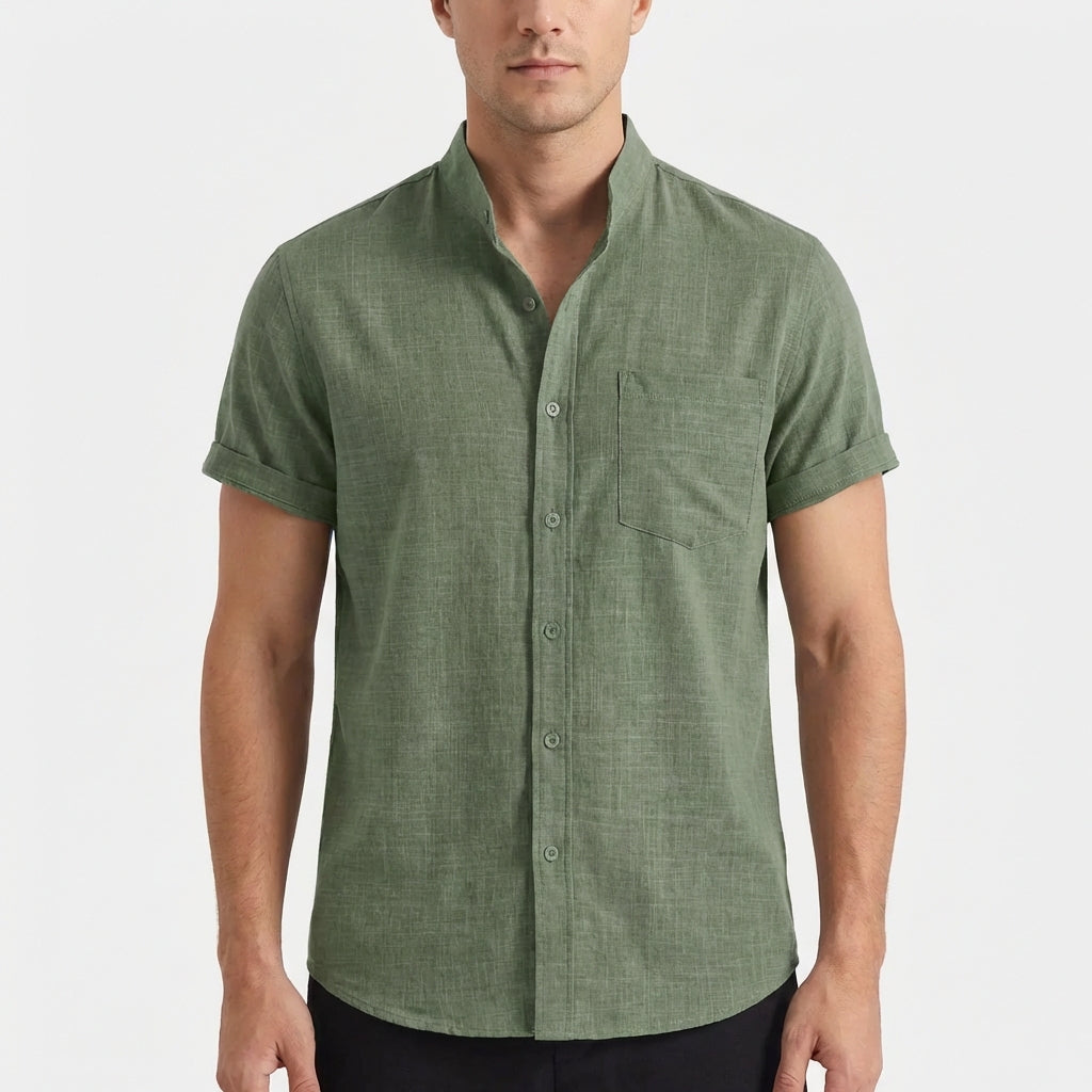Mateo | Camisa Manga Corta Hombre Con Cuello Mao Y Bolsillo Frontal | Casual
