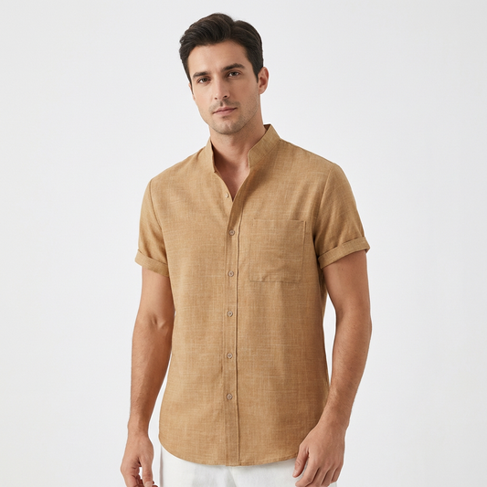 Mateo | Camisa Manga Corta Hombre Con Cuello Mao Y Bolsillo Frontal | Casual