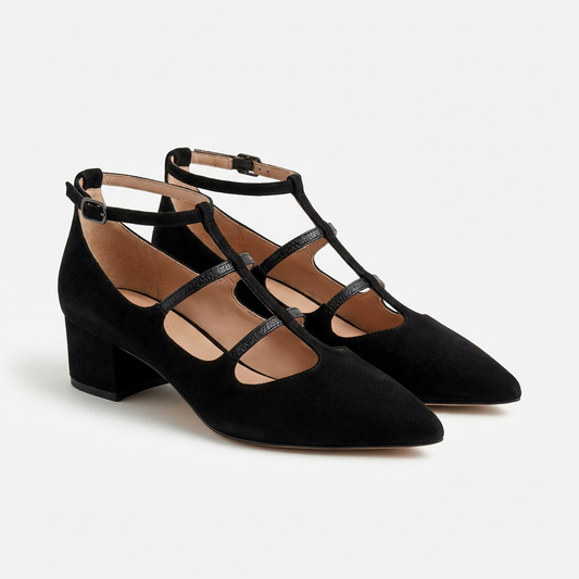 Teresa | Zapatos Negro Tiras Punta Afilada Tacón Bloque Mujer