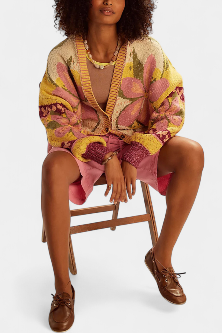 Casey Cárdigan de Punto con Patrón Floral y Ajuste Suelto